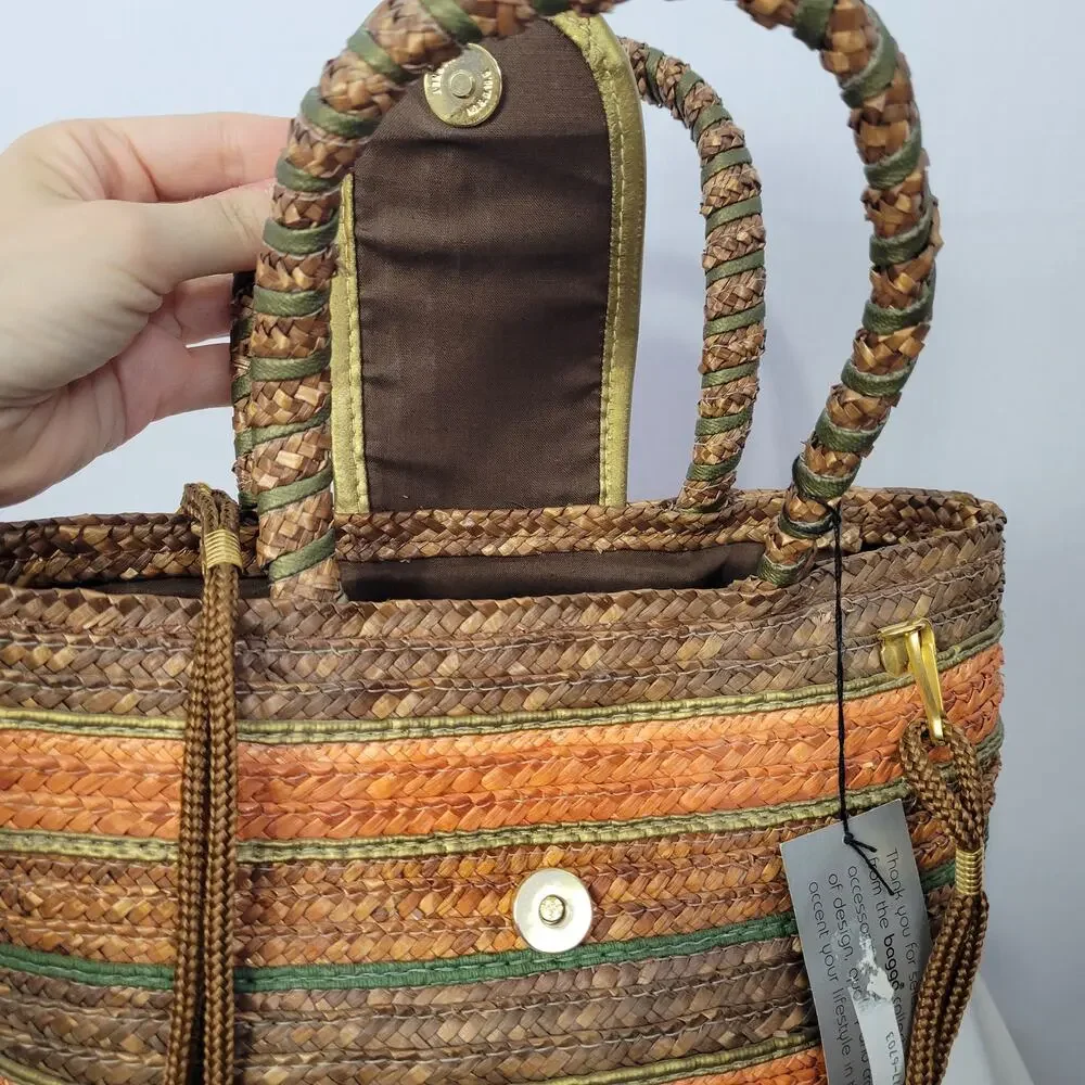Vintage 90s Striped Straw Shoulder Hand Bag Multicolor Boho Beachy Vacation, New